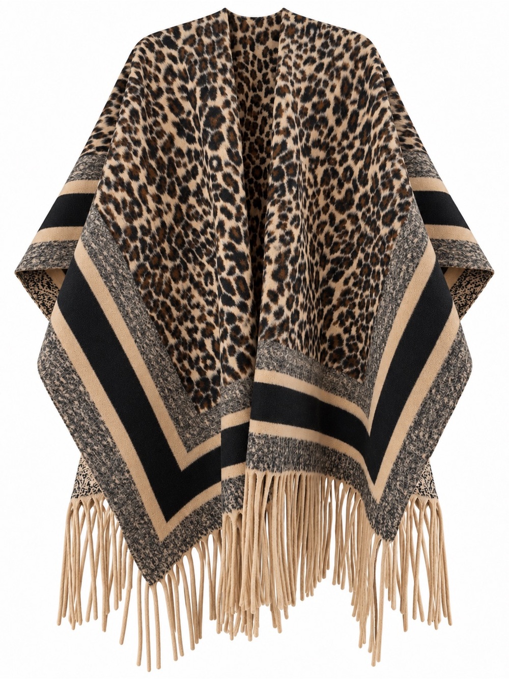 Leopard Print Fringe Poncho Wrap in Beige and Black